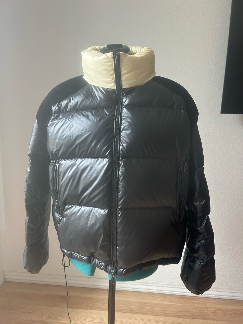 Moncler Black Puffer Jacket with Cream Hood Lining